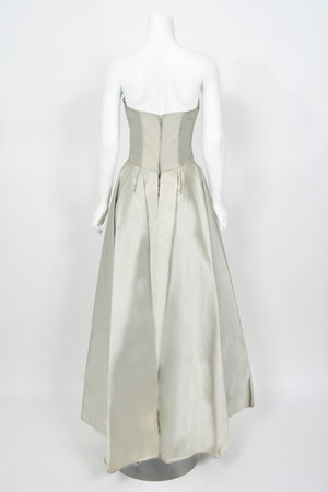 1950's Anne Verdi Couture Ice-Blue Silk Strapless Ruched Hourglass Skirted Gown