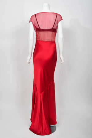 2010 Christian Dior by John Galliano Ruby Red Silk Sheer Black Bra Bias-Cut Gown