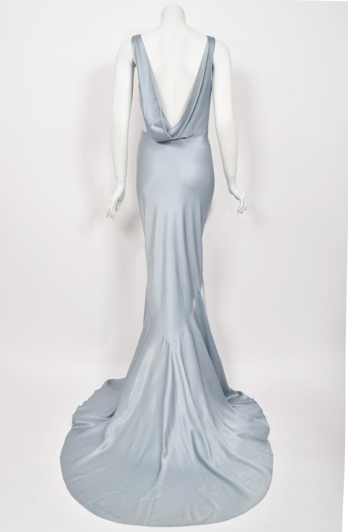 1997 John Galliano Documented Ice Blue Satin Backless Bias-Cut Trained Gown