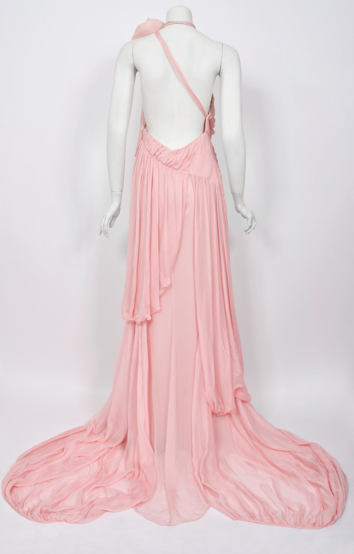 2008 Emanuel Ungaro Runway Blush-Pink Silk Floral Appliqué Trained Gown