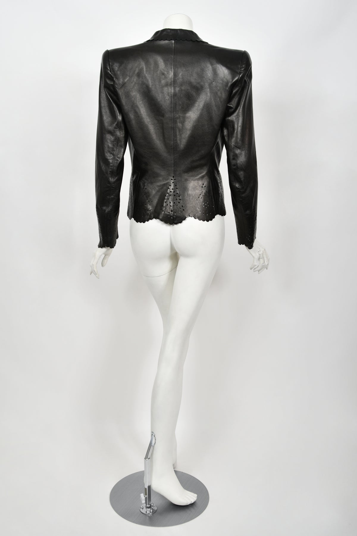 1997 Alexander Mcqueen for Givenchy Runway Black Leather Cutwork Blazer Jacket