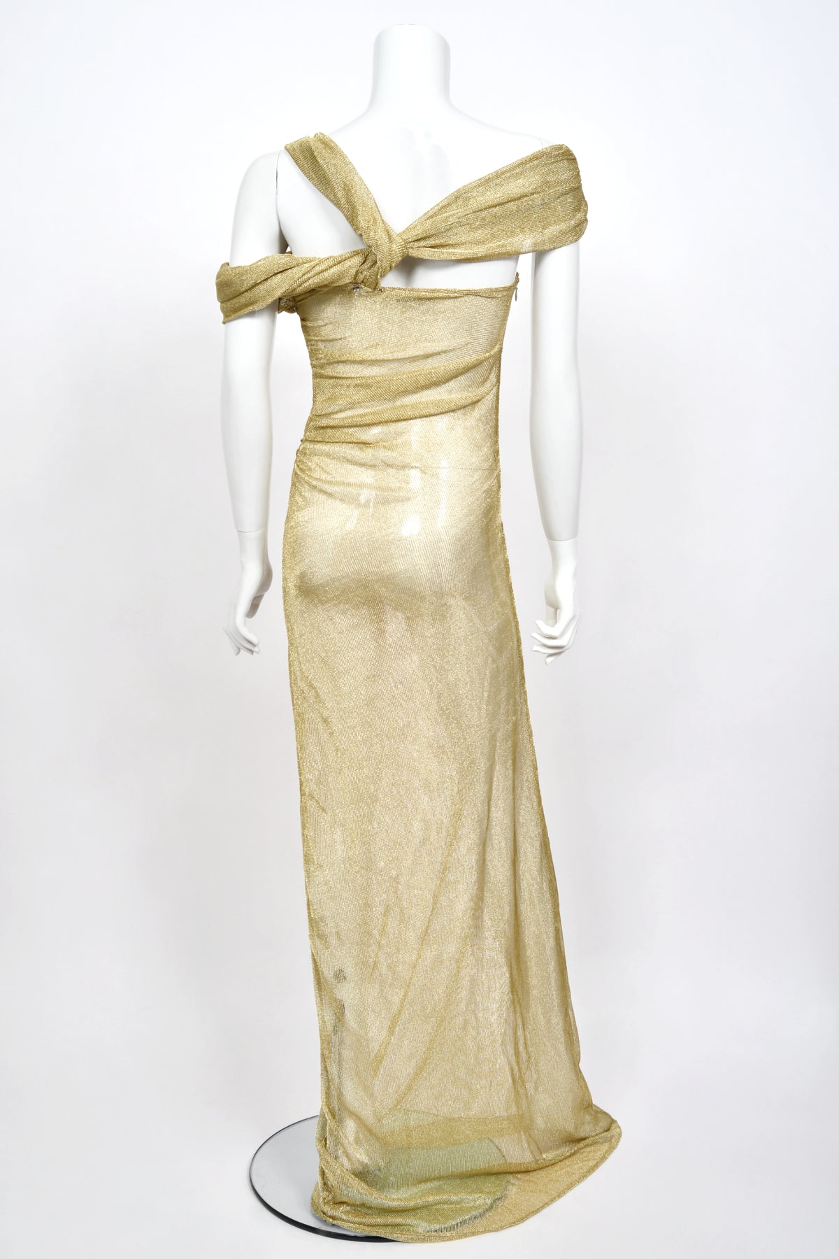 1999 Christian Dior by John Galliano Metallic Gold Sheer Mesh Asymmetric Maxi Gown