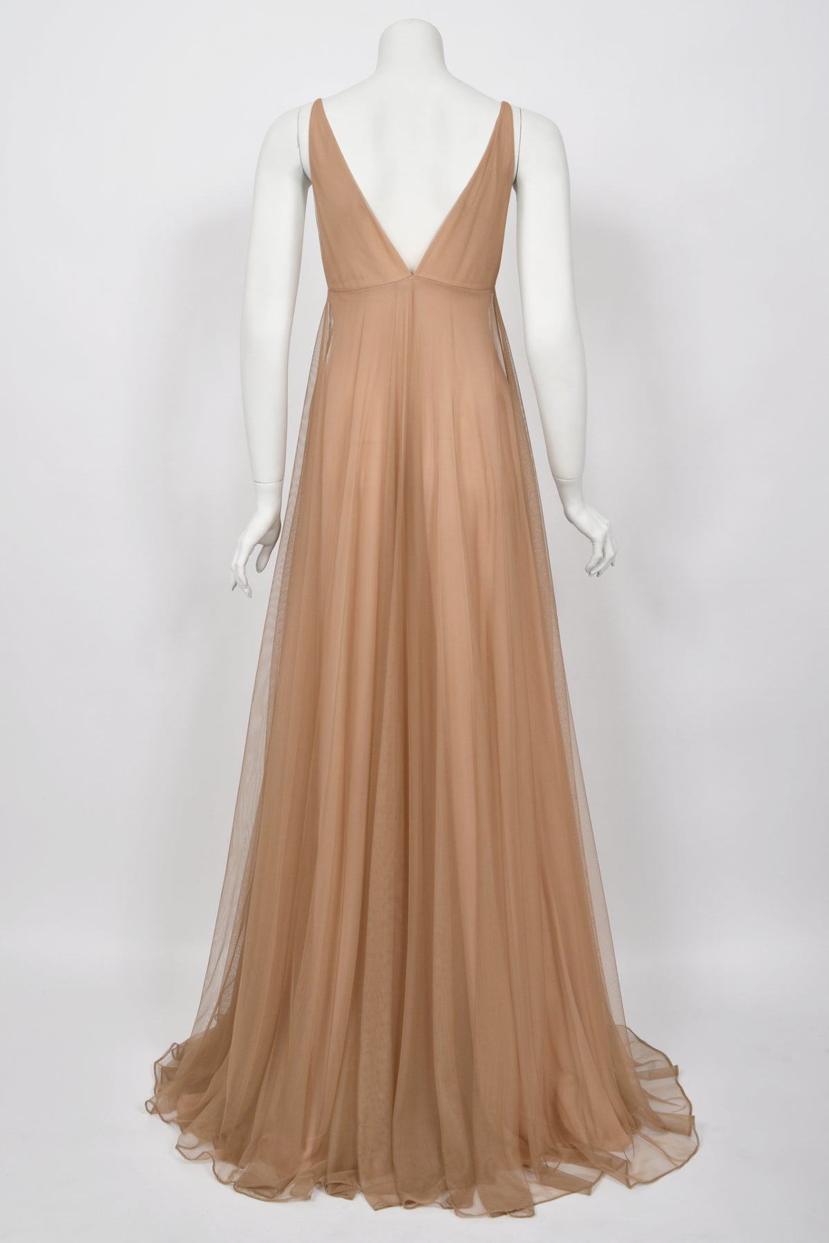 1998 Tom Ford for Gucci Runway &#39;Gisele&#39; Nude Illusion Tulle Low-Cut Plunge Gown