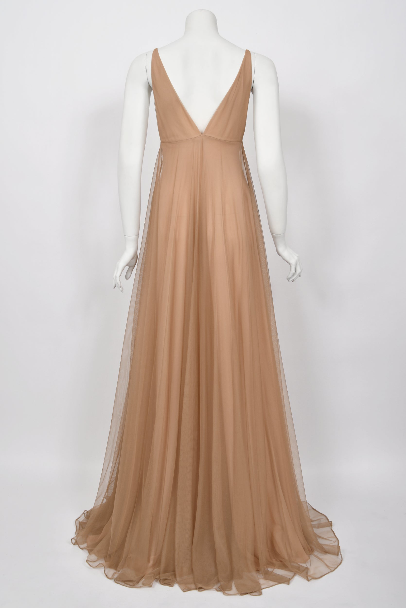 Vintage 1998 Tom Ford for Gucci Runway 'Gisele' Nude Illusion Tulle Low-Cut Plunge Gown - Timeless Vixen Vintage 1998 Tom Ford for Gucci Runway 'Gisele' Nude Illusion Tulle Low-Cut Plunge Gown - Timeless Vixen