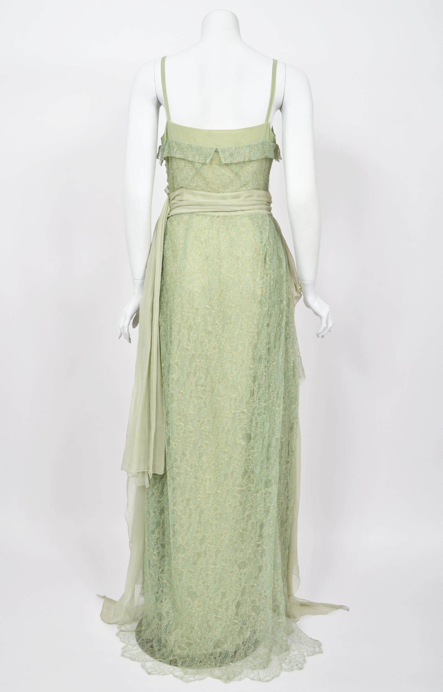 Vintage 2007 John Galliano Metallic Mint-Green Lace & Sheer Silk Tiered Ethereal Gown w/Tags - Timeless Vixen Vintage 2007 John Galliano Metallic Mint-Green Lace & Sheer Silk Tiered Ethereal Gown w/Tags - Timeless Vixen