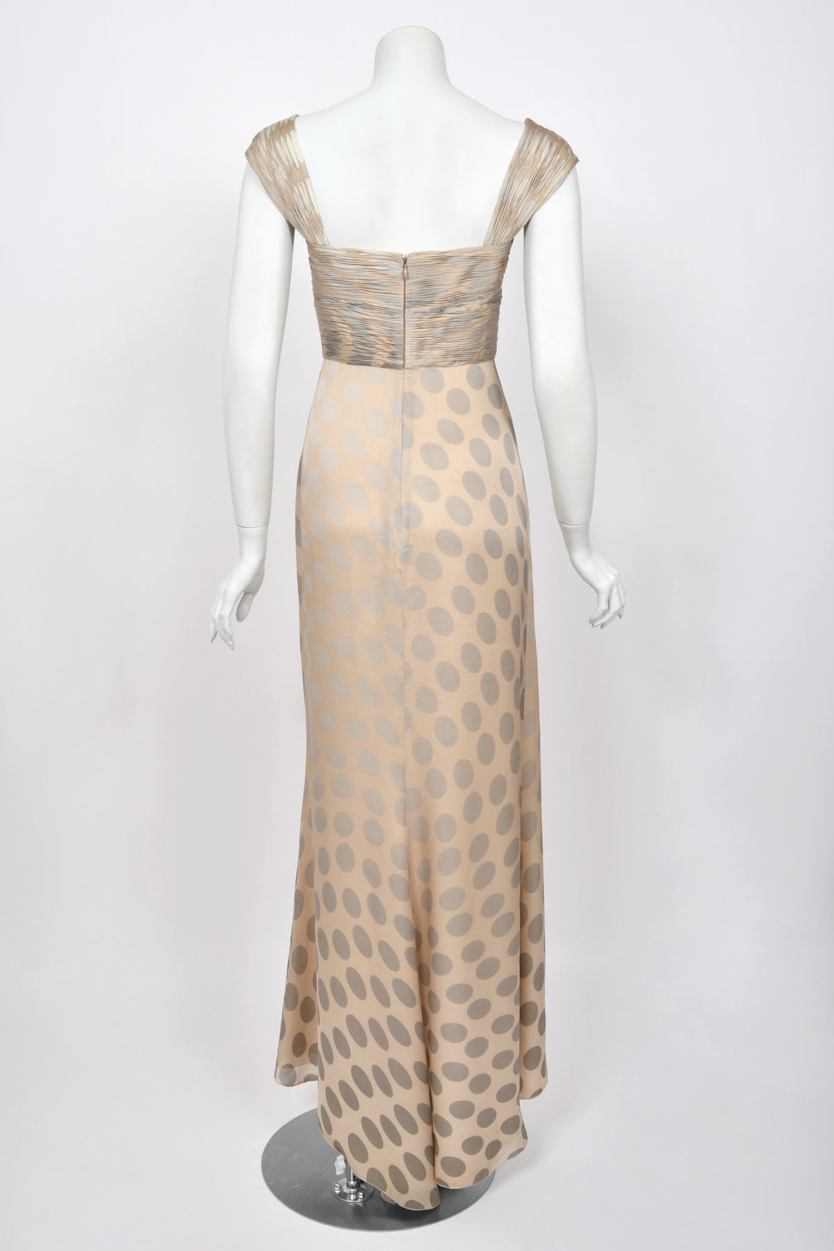 2008 Valentino Runway Polka-Dot Champagne &amp; Silver Silk Ruched Cut-Out Gown