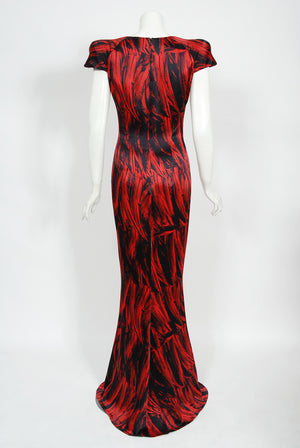 2009 Alexander McQueen Lifetime Red & Black Feather Print Silk Hourglass Gown