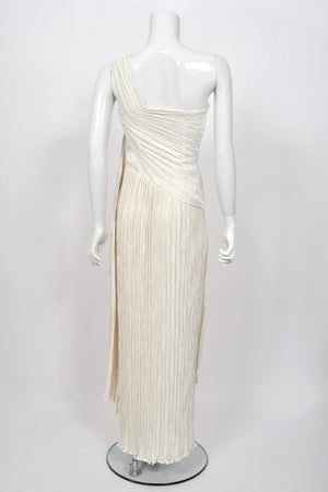 1983 Mary McFadden Ivory Heavily Pleated Asymmetric One-Shoulder Draped Goddess Gown