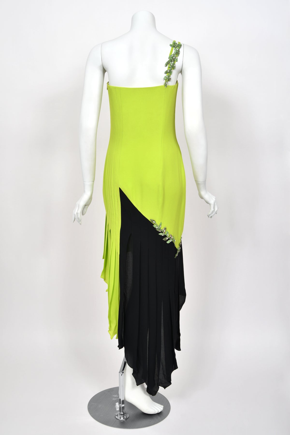1997 Gianni Versace Lifetime Runway Lime Green & Black Embellished Silk High-Low Dress