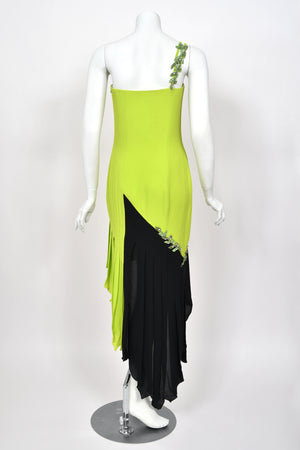1997 Gianni Versace Lifetime Runway Lime Green & Black Embellished Silk High-Low Dress