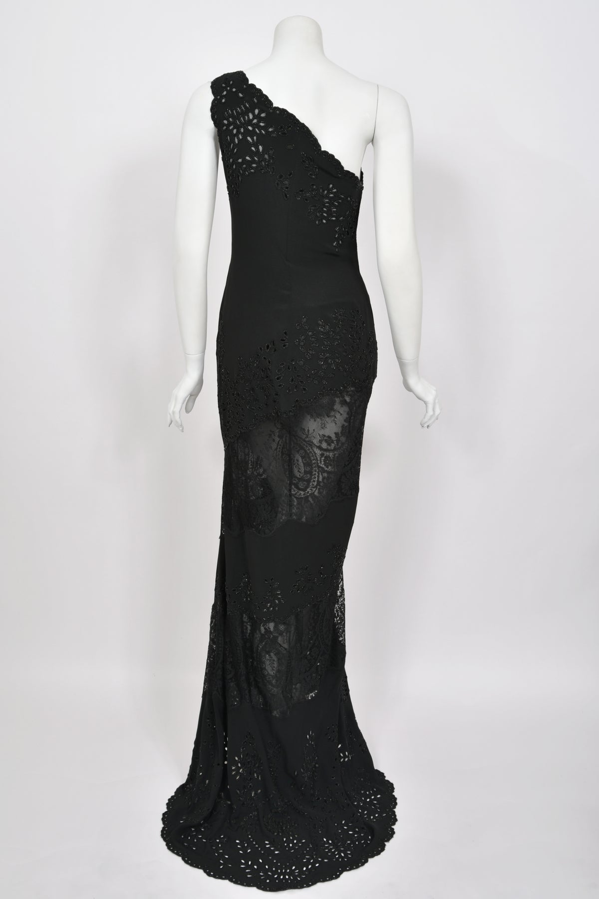 1998 Valentino Runway Black Beaded Cut-Out Silk &amp; Sheer Lace Bias-Cut Gown