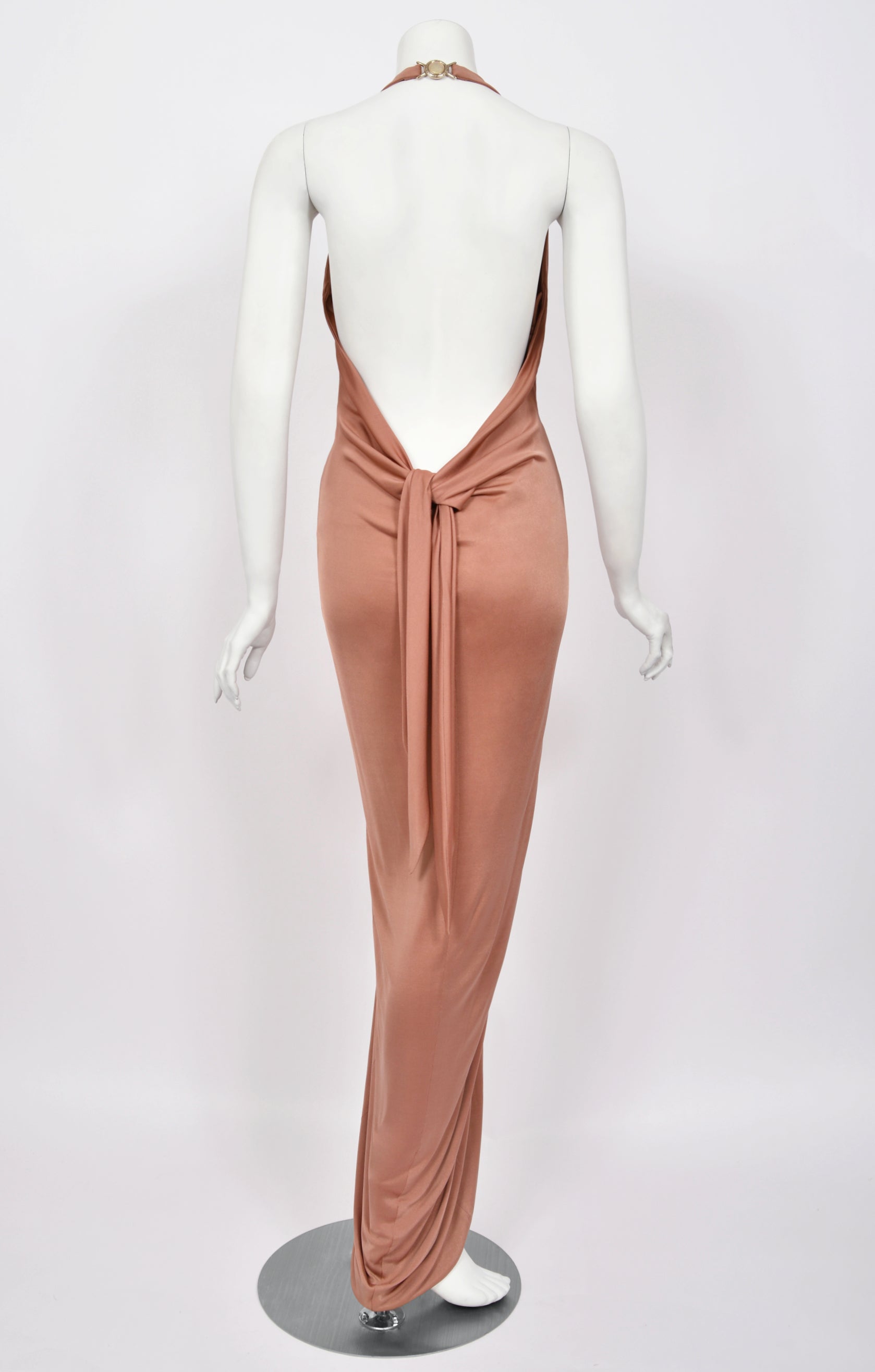 Vintage 2005 Versace Nude Silk-Jersey Low Plunge Halter Backless Gown - Timeless Vixen Vintage 2005 Versace Nude Silk-Jersey Low Plunge Halter Backless Gown - Timeless Vixen