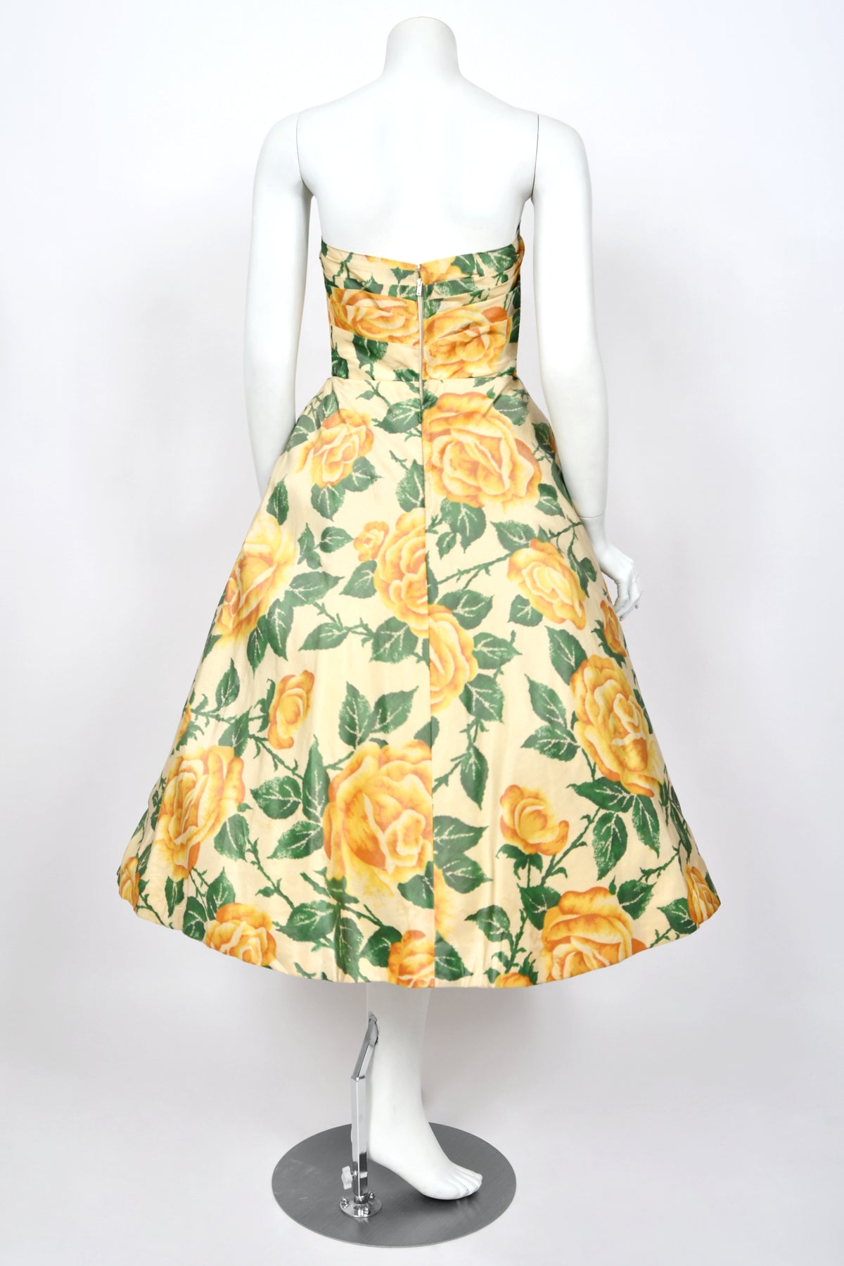 1950's Philip Hulitar Couture Yellow Roses Watercolor Silk Strapless Sculpted Party Dress