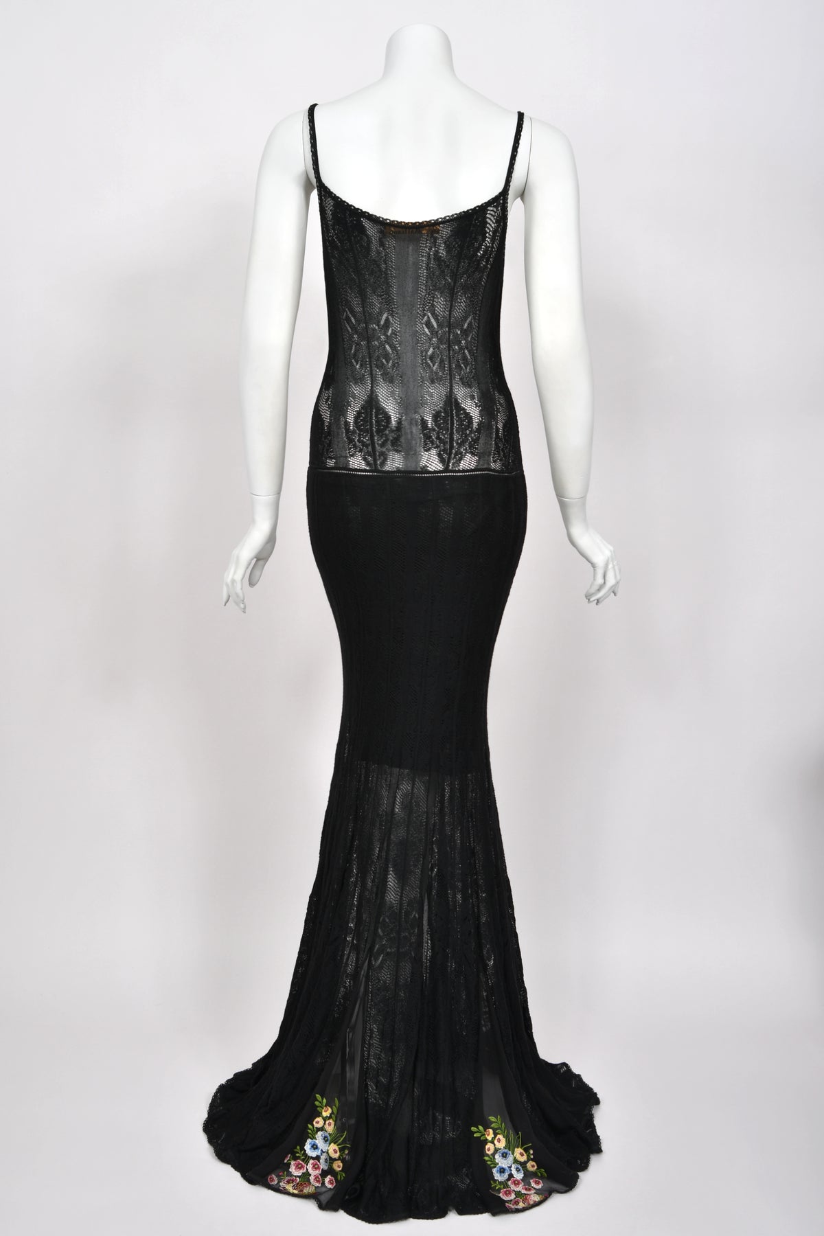 2003 John Galliano Embroidered Floral Sheer Black Pointelle Stretch Knit Bias-Cut Gown