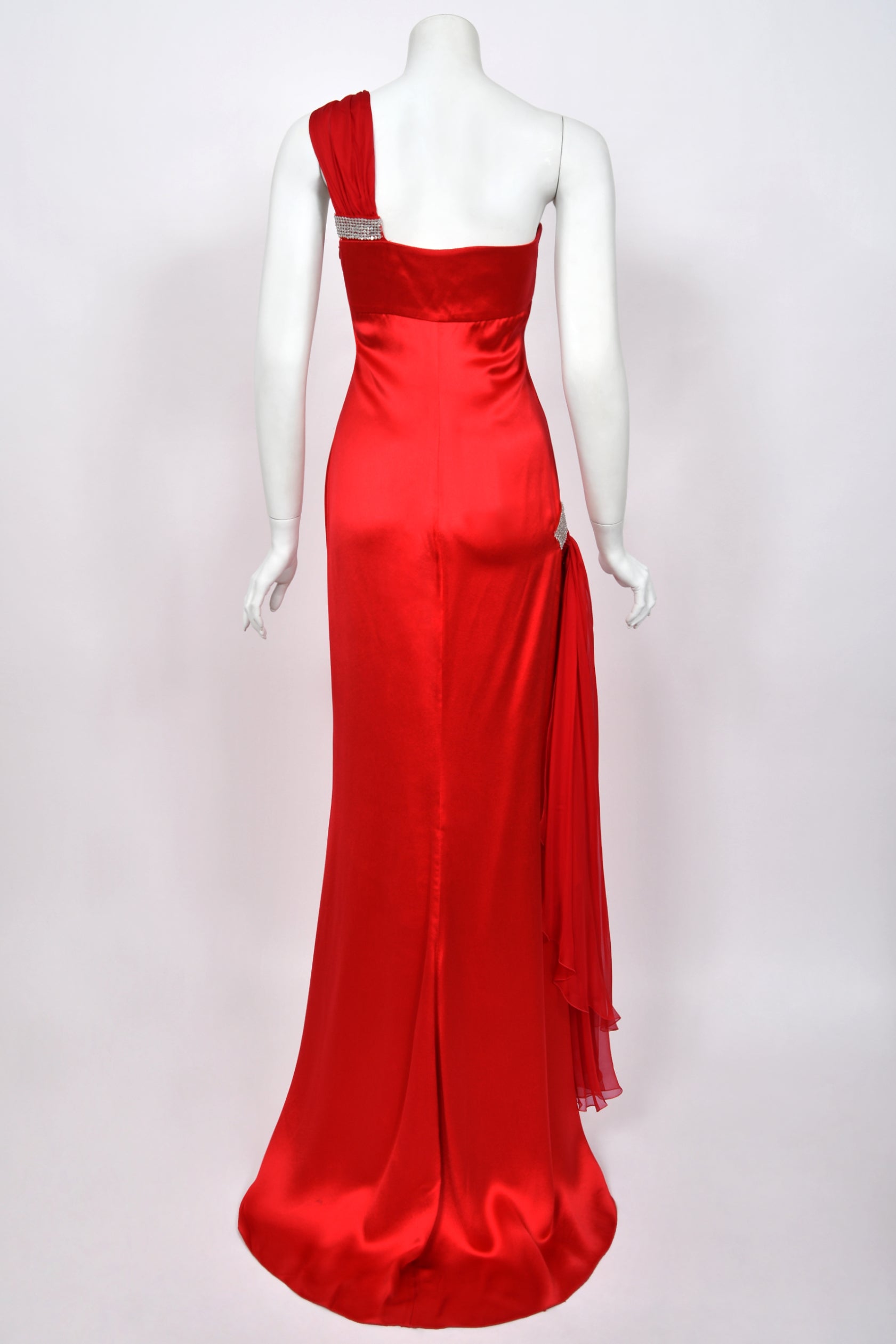 2008 Valentino Ruby Red Silk One-Shoulder Draped Sash Gown with Tags