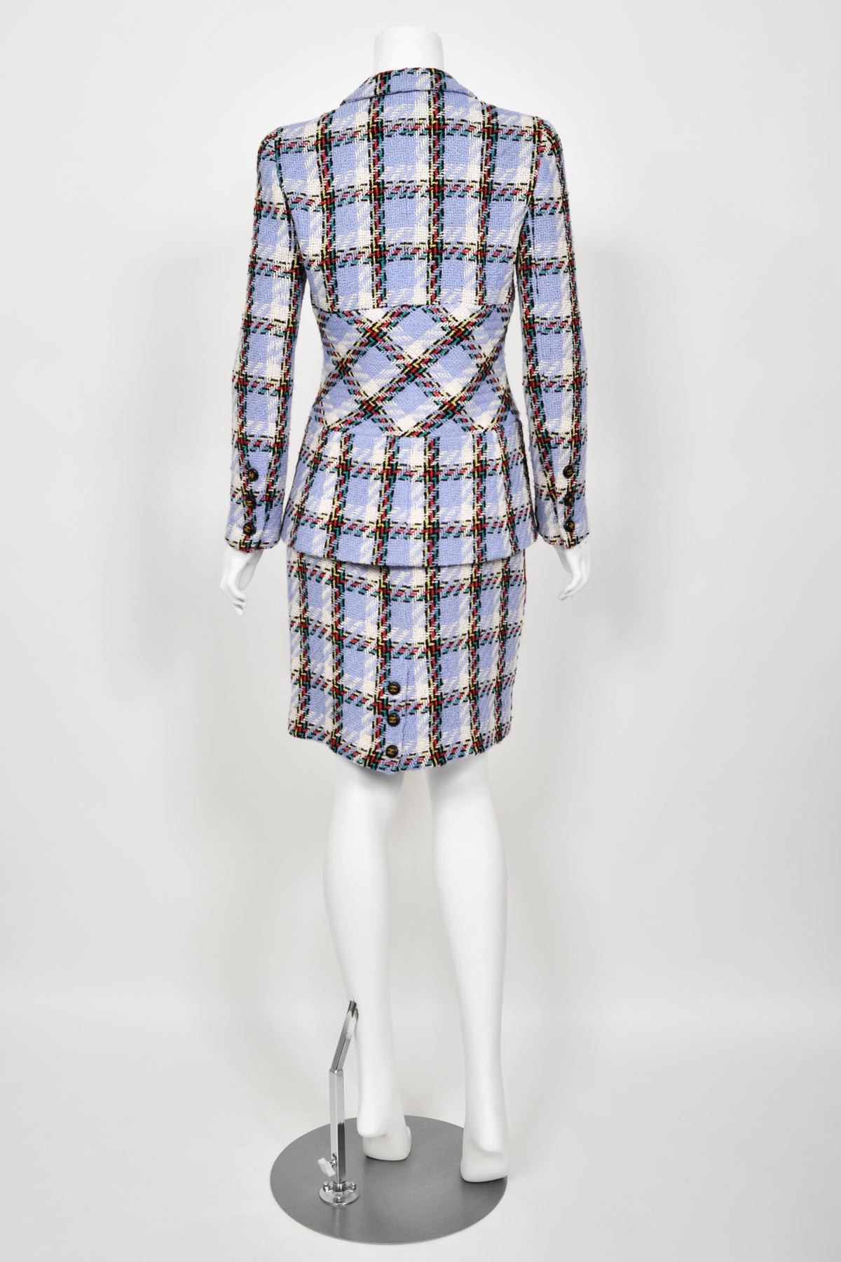 1995 Chanel by Karl Lagerfeld Runway Periwinkle Plaid Wool Barbie Jacket &amp; Skirt