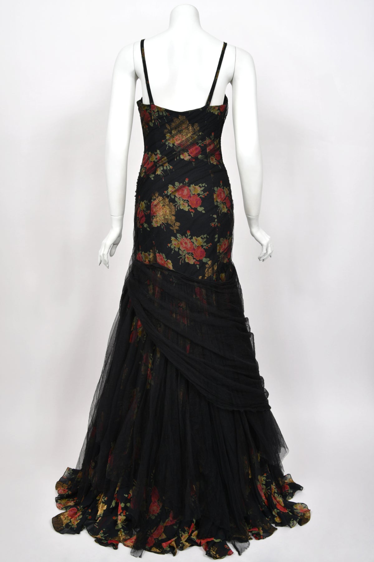 2010 Ralph Lauren Runway Metallic Floral Silk & Black Sheer Tulle Hourglass Mermaid Gown