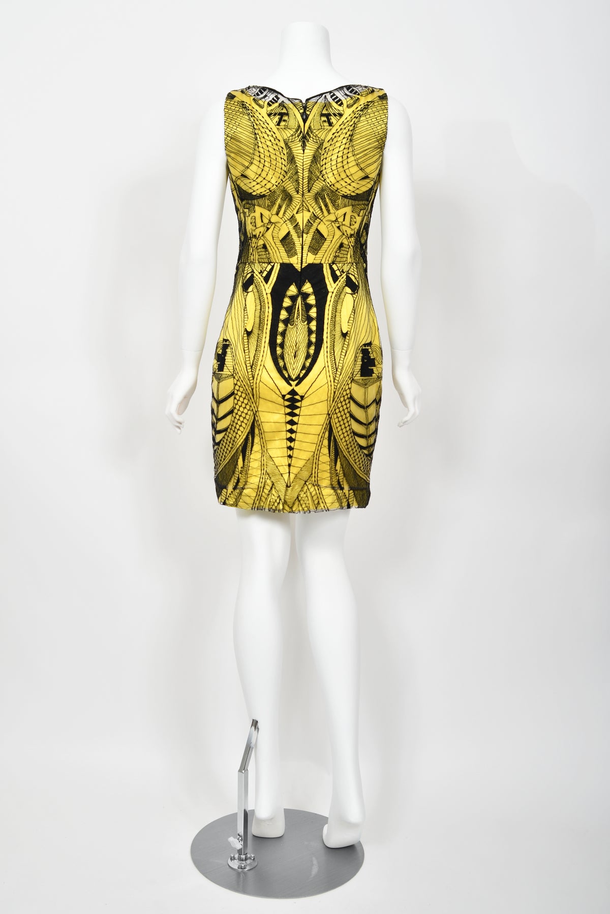 2010 Alexander McQueen Lifetime Insect Tattoo Embroidered Net-Lace Yellow Mini Dress