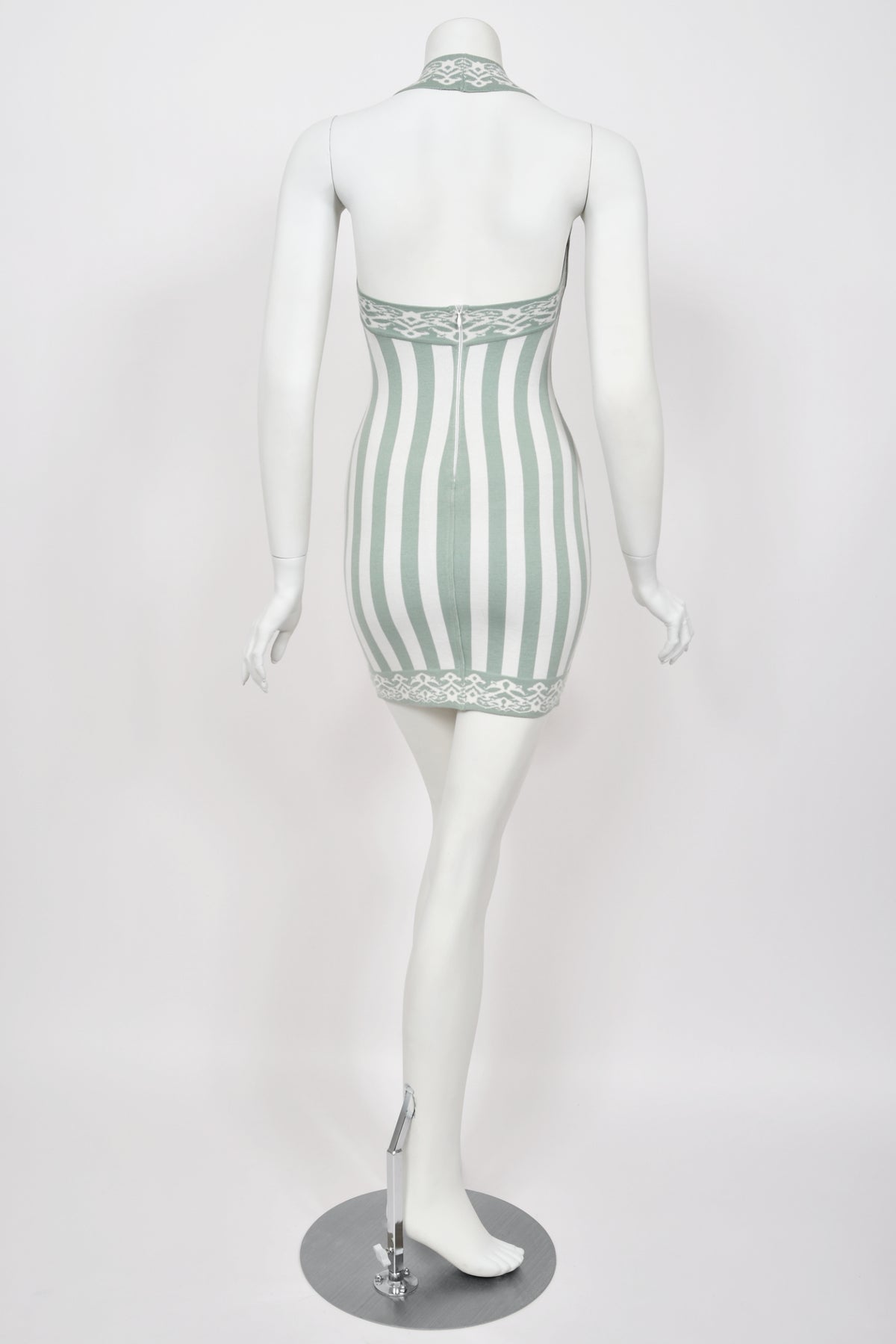 1992 Azzedine Alaia Runway Mint &amp; Ivory Striped Stretch Knit Halter Bodycon Mini Dress