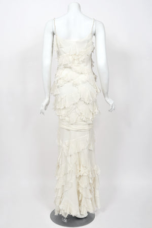 2006 John Galliano Ivory Tiered Ruffle Sheer Silk Chiffon Pearl Straps Bias-Cut Slip Gown
