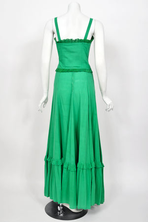 1976 Biba Emerald Green Cotton Lace-Up Corset Top & Matching Maxi Skirt