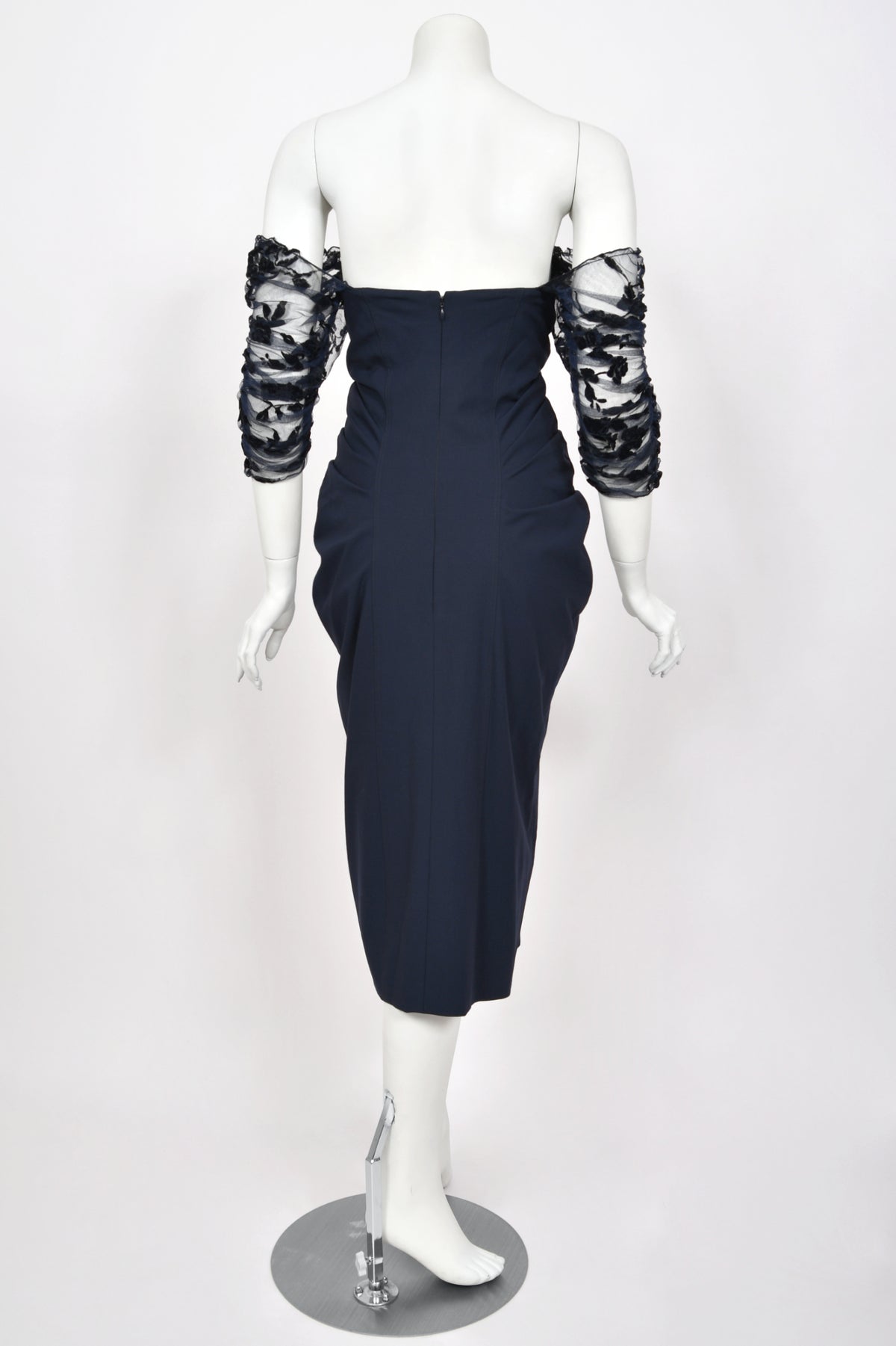 2004 Christian Dior by John Galliano Navy Stretch Silk Sheer-Sleeves Hourglass Dress