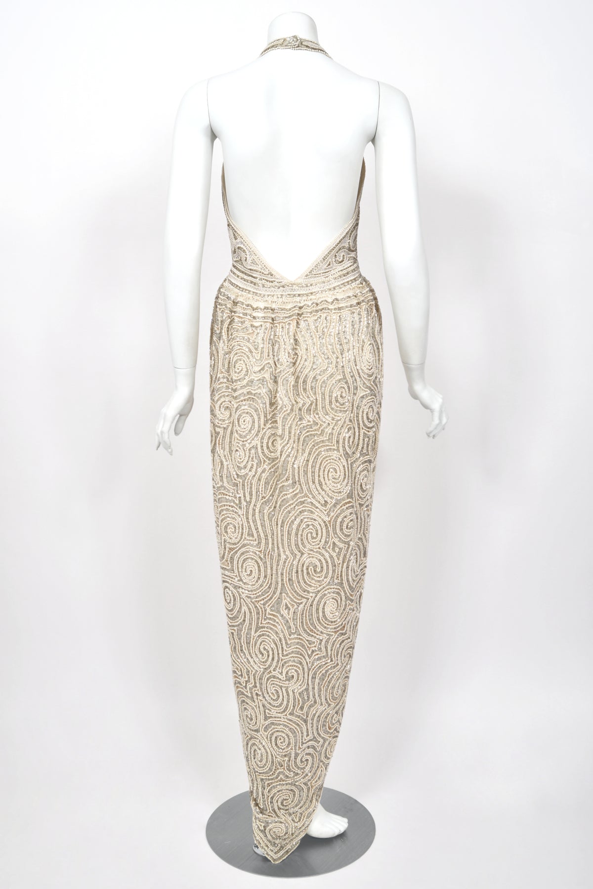 1982 Halston Runway Beaded Sheer Illusion Champagne Lace Backless Halter Wrap Gown