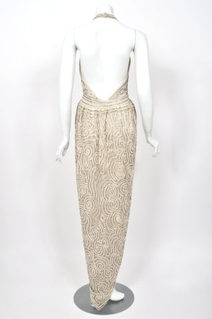 1982 Halston Runway Beaded Sheer Illusion Champagne Lace Backless Halter Wrap Gown