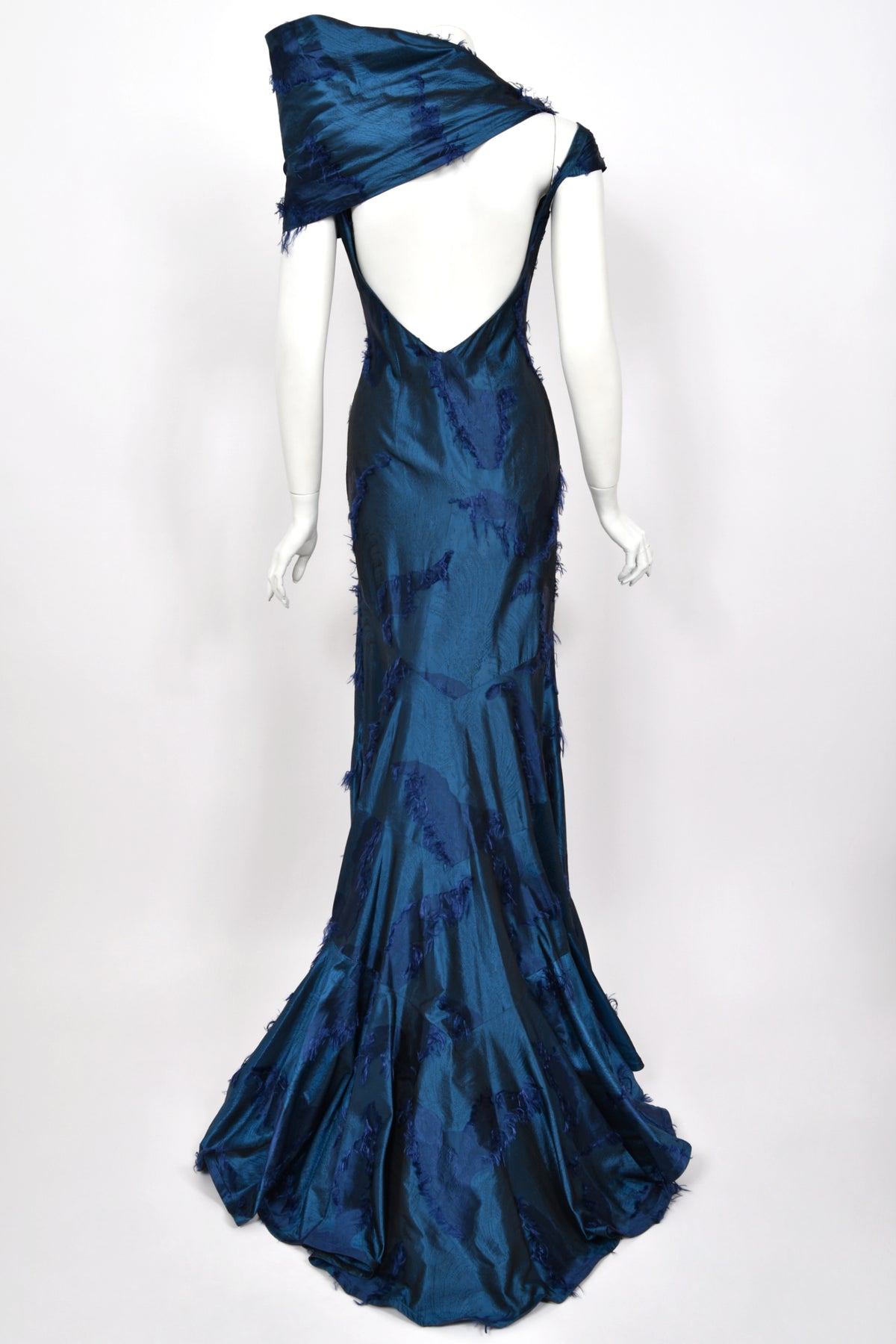 1999 Christian Dior by John Galliano Sapphire Blue Eyelash Silk Backless Bias-Cut Gown