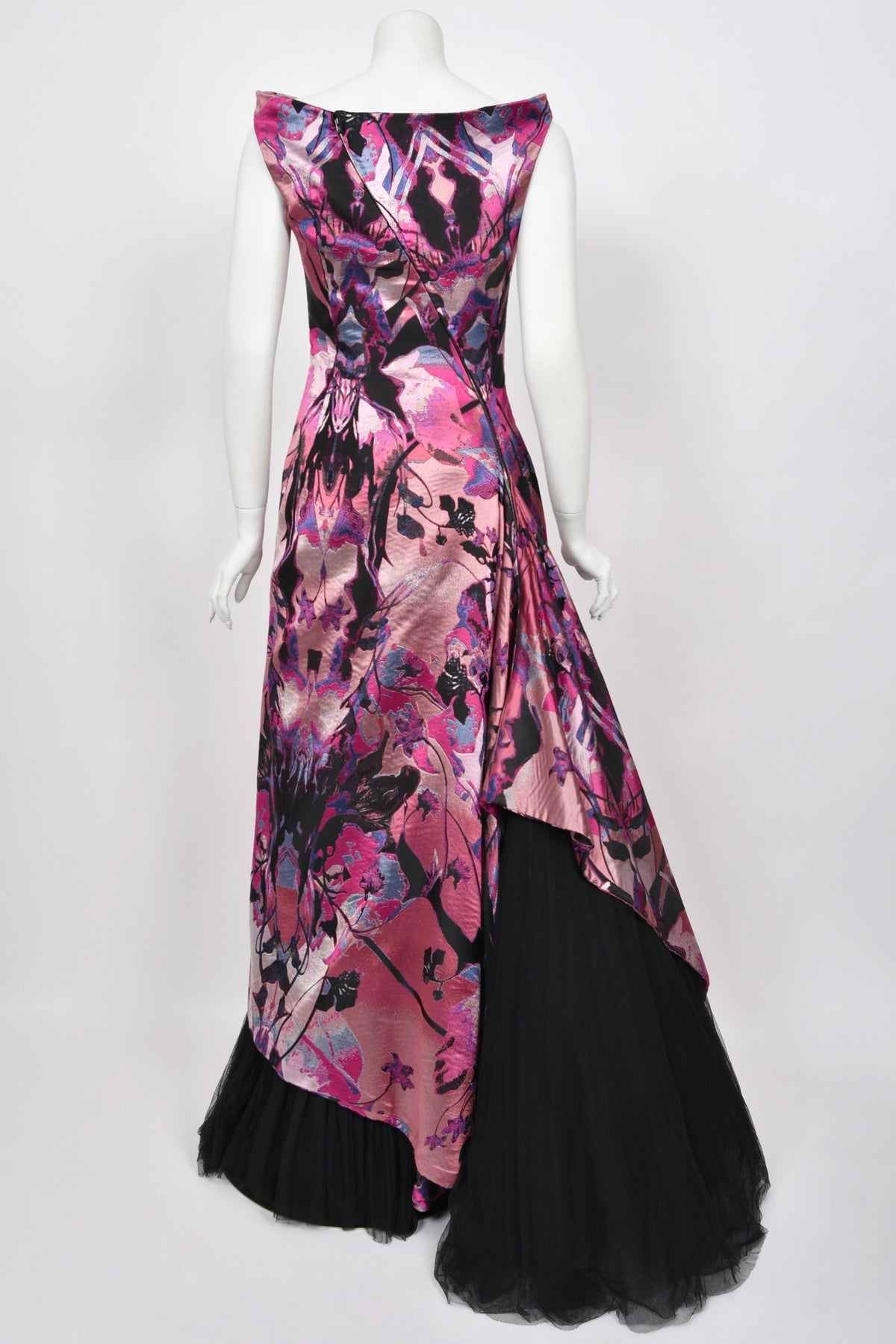 2010 Alexander McQueen Orchid Print Silk Jacquard &amp; Tulle Asymmetric Bustle Gown