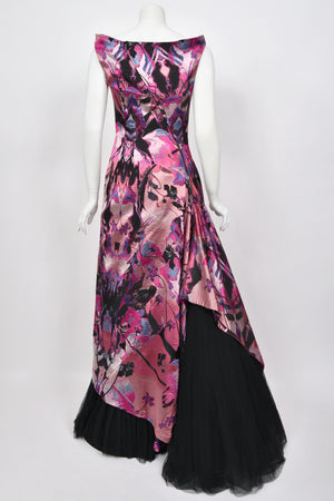 2010 Alexander McQueen Orchid Print Silk Jacquard & Tulle Asymmetric Bustle Gown