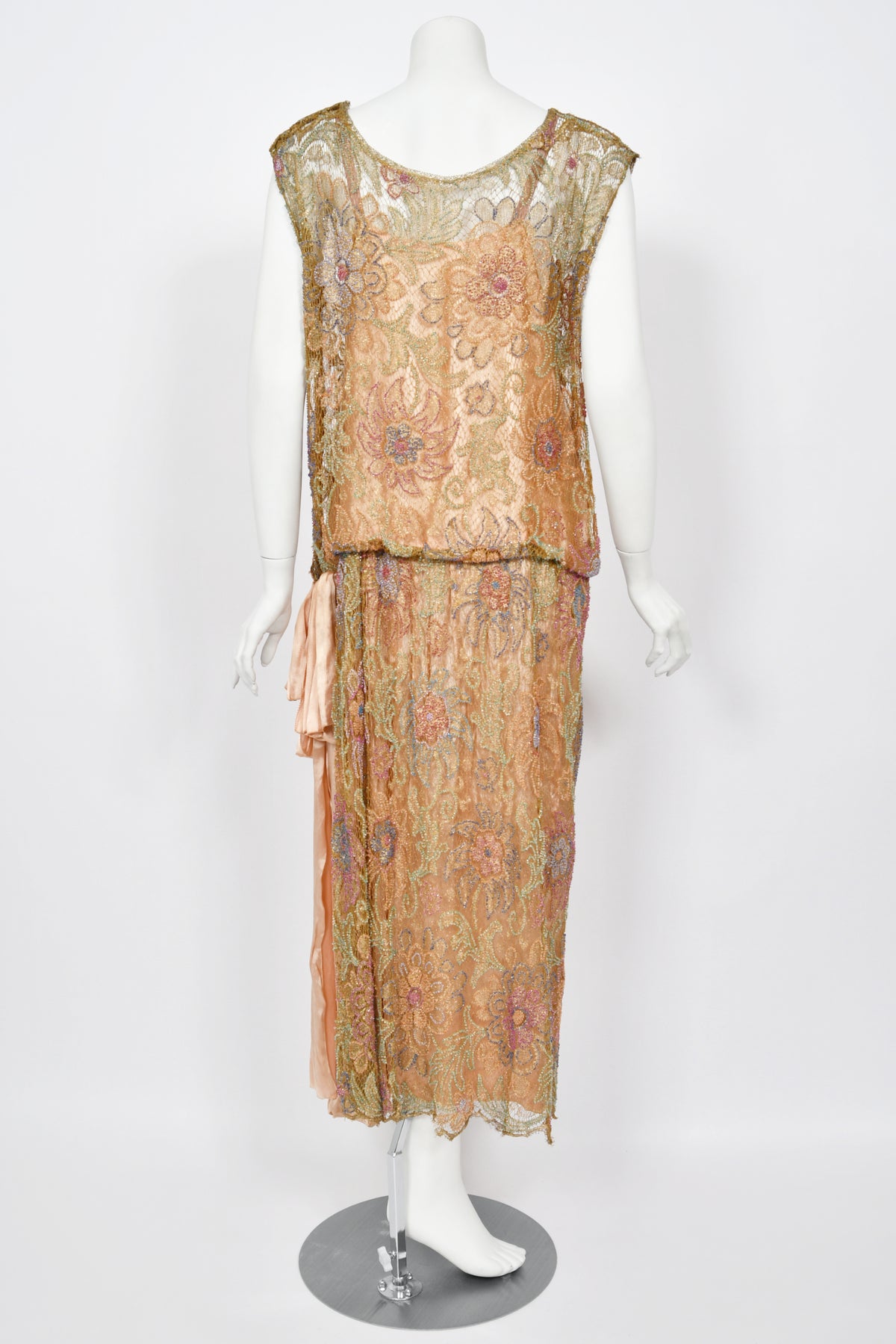 1920&#39;s French Couture Colorful Beaded Metallic Lamè Lace &amp; Pink Silk Dress