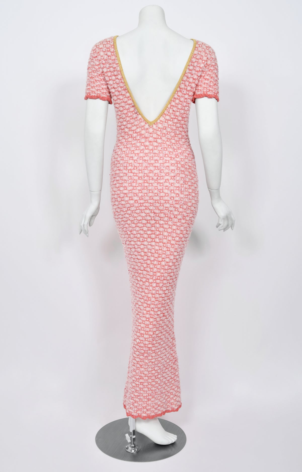 1997 Chanel by Karl Lagerfeld Runway Metallic Pink Stretch Knit Maxi Dress