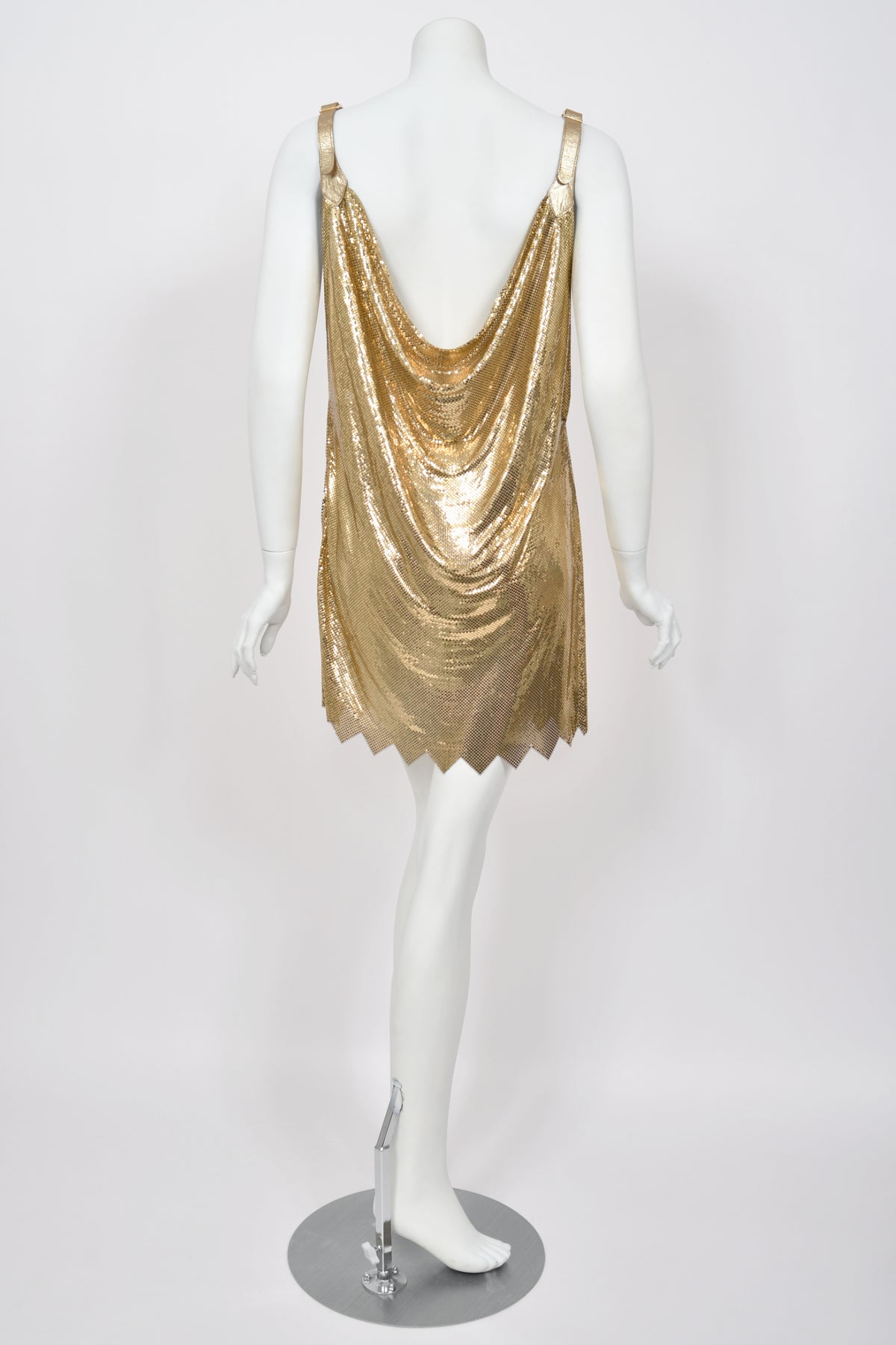 1994 Gianni Versace Iconic Gold Metal-Mesh Chainmail &amp; Leather Draped Mini Dress