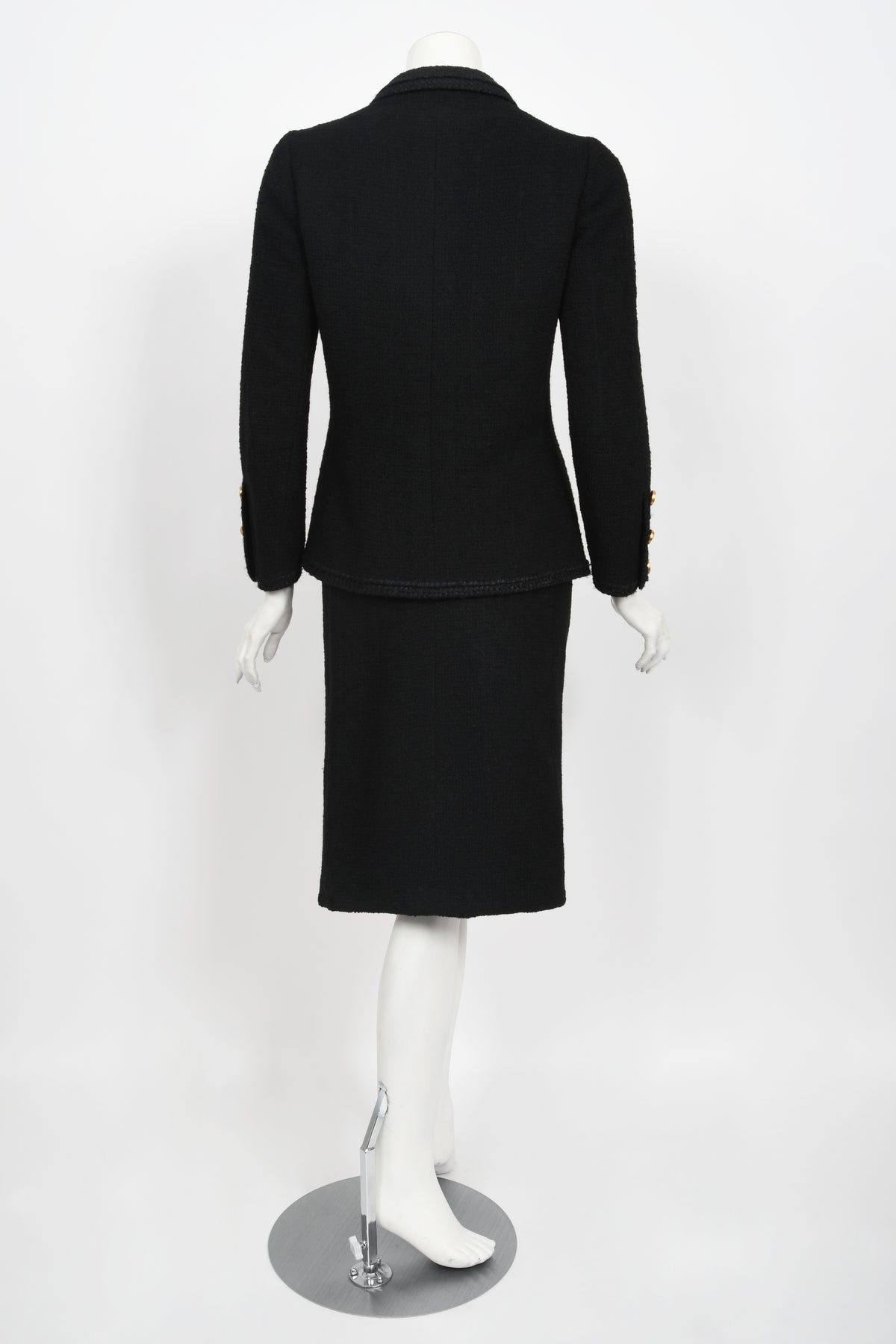 1973 Chanel Haute Couture Black Boucle Wool Logo Buttons Jacket Suit