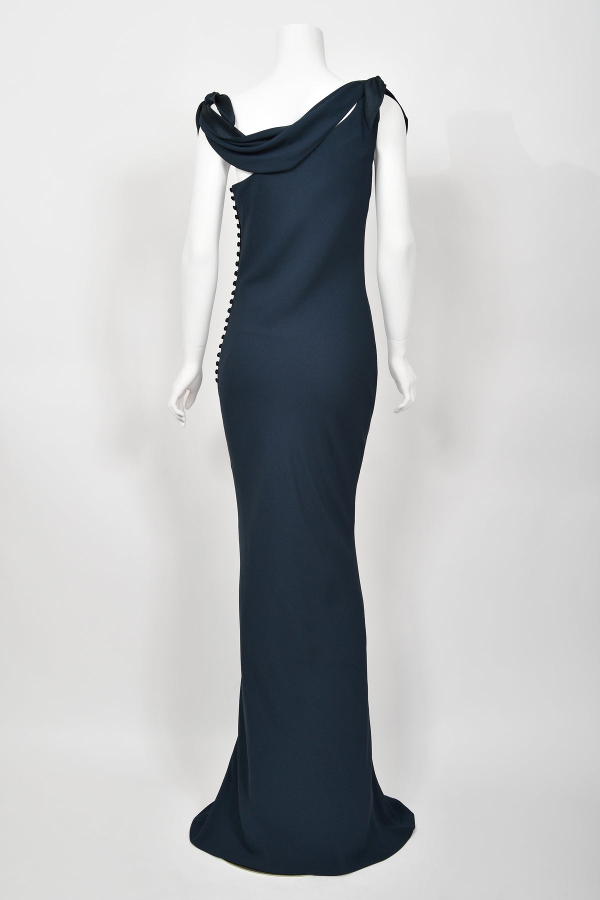1998 Christian Dior by John Galliano Navy Blue Silk Draped Bias-Cut Evening Gown