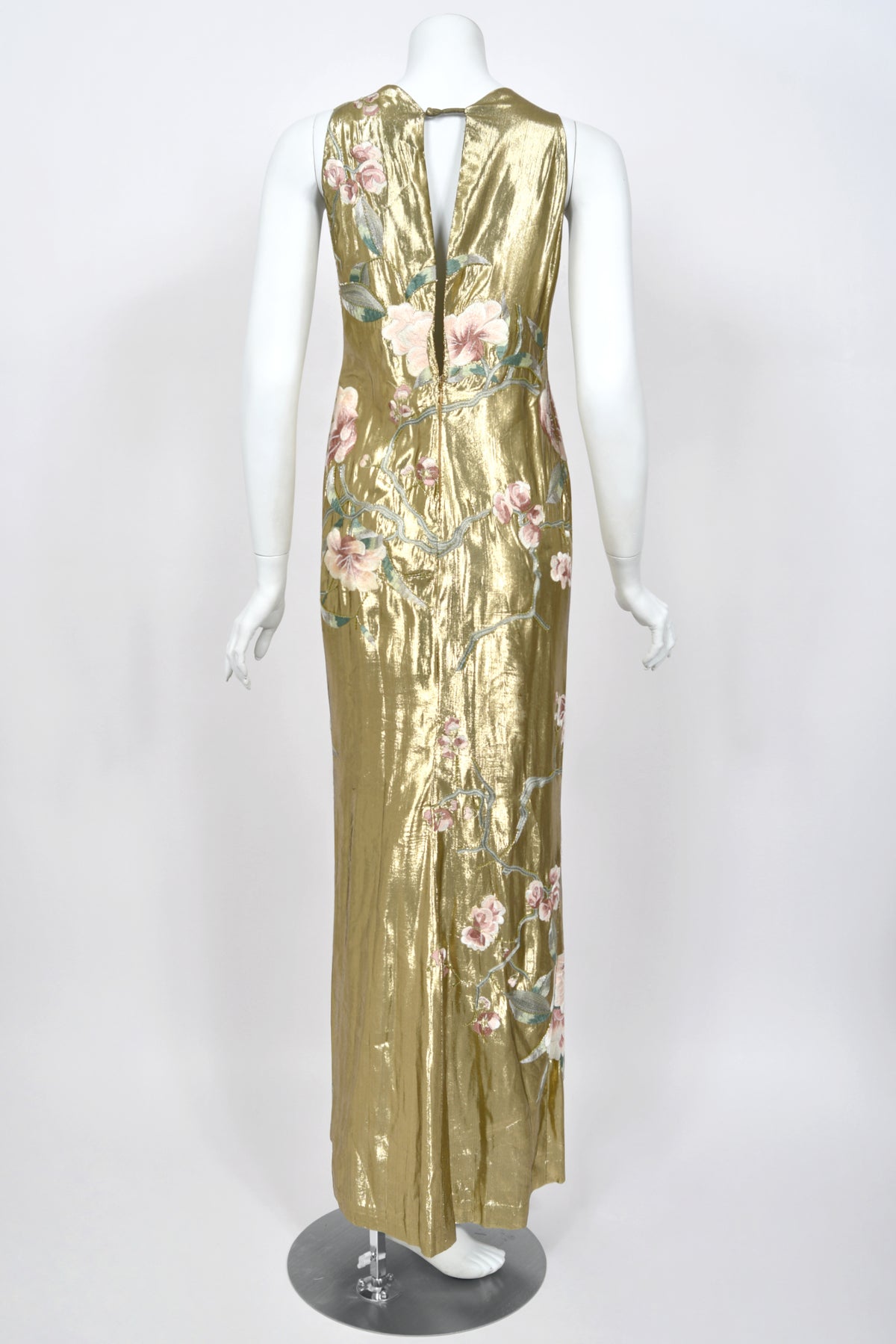 1997 Valentino Runway Metallic Gold Beaded Embroidered Floral Lamé Silk High Slit Column Gown