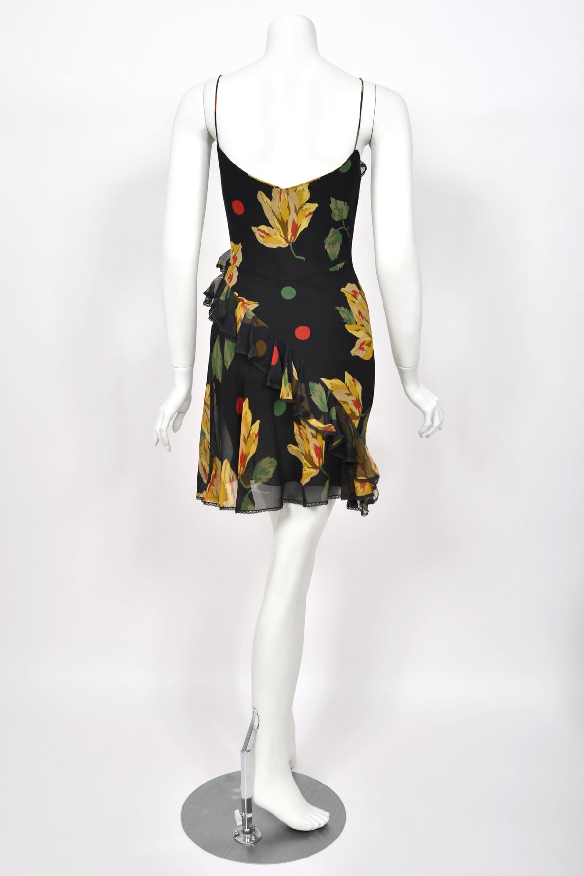 2004 John Galliano Large Scale Deco Floral Chiffon & Lace Bias-Cut Slip Dress