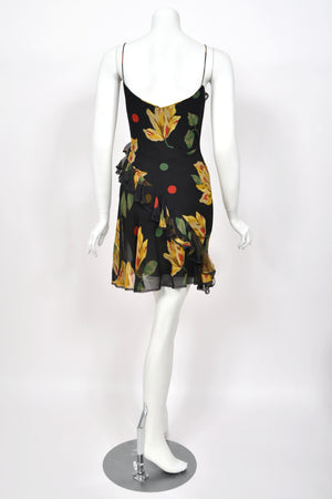 2004 John Galliano Large Scale Deco Floral Chiffon & Lace Bias-Cut Slip Dress