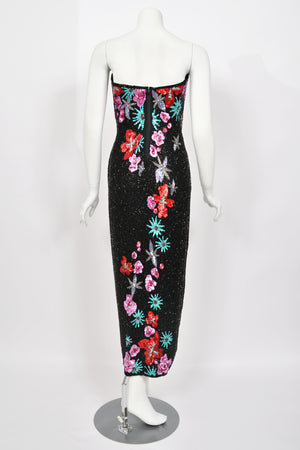 1990's Bob Mackie Fully Beaded Floral Motif Strapless Bustier High-Slit Gown