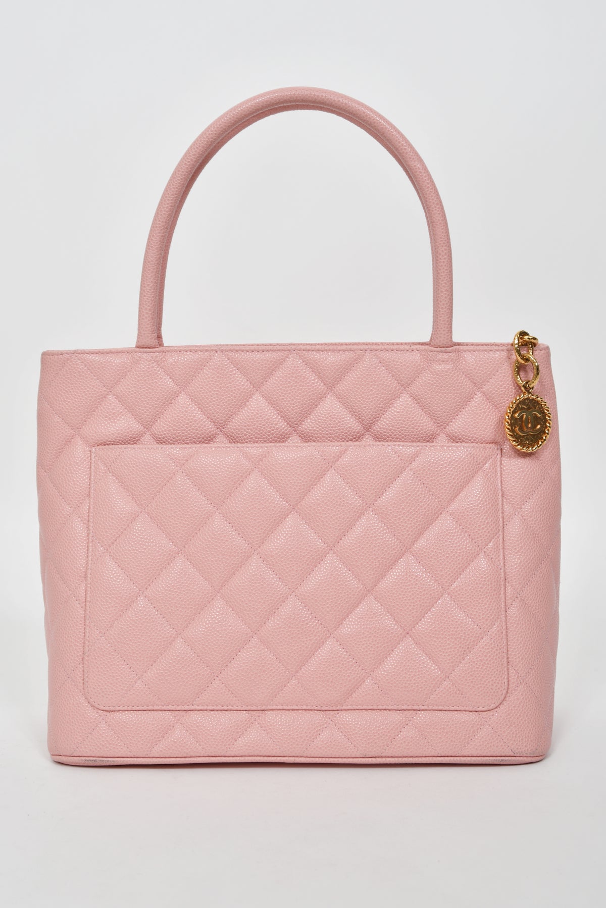 2003 Chanel by Karl Lagerfeld Pale Pink Caviar Leather Medallion Tote Logo Purse