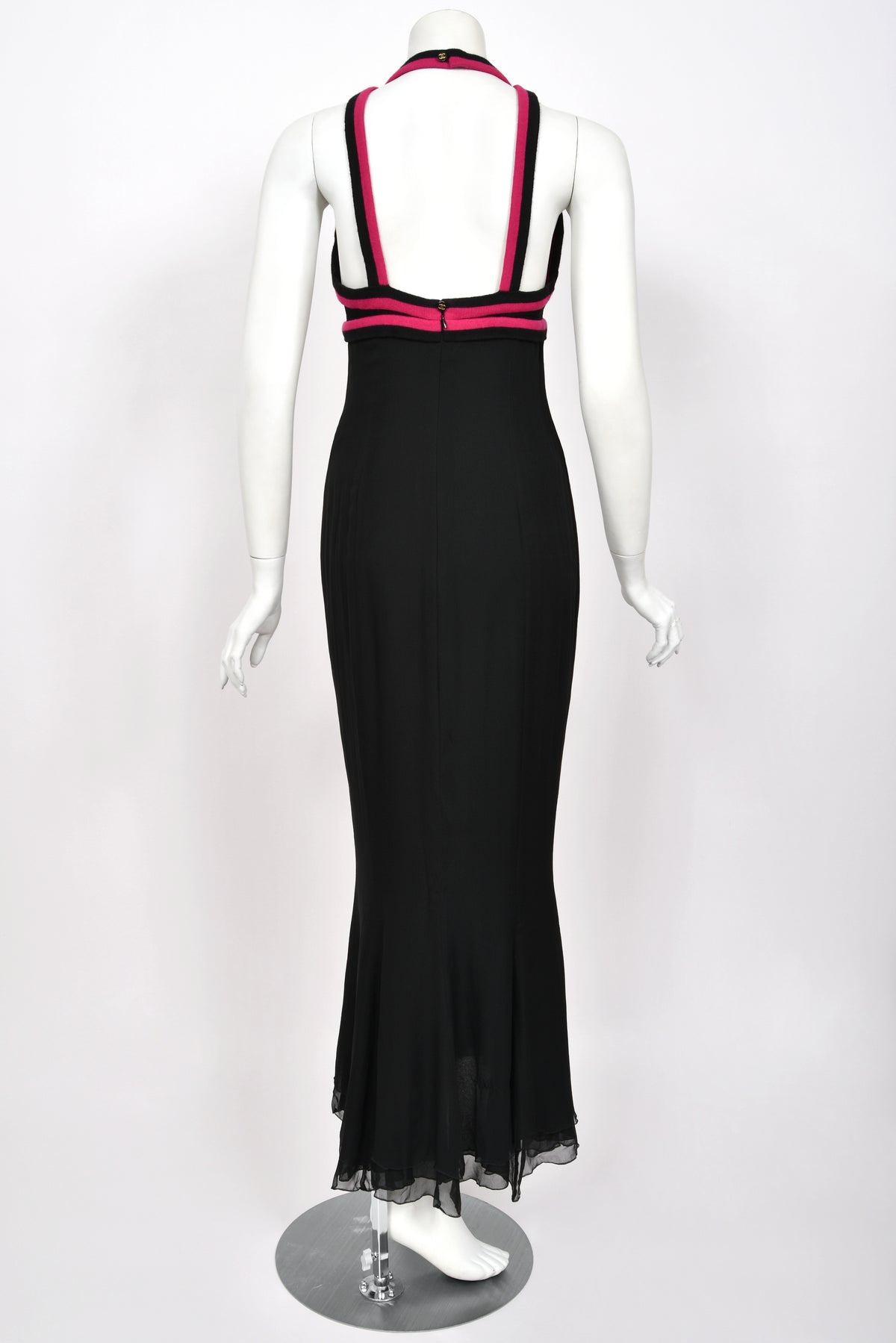 1994 Chanel by Karl Lagerfeld Black Sheer Silk Chiffon Pink Cashmere Trimmed Maxi Dress w/ Shawl