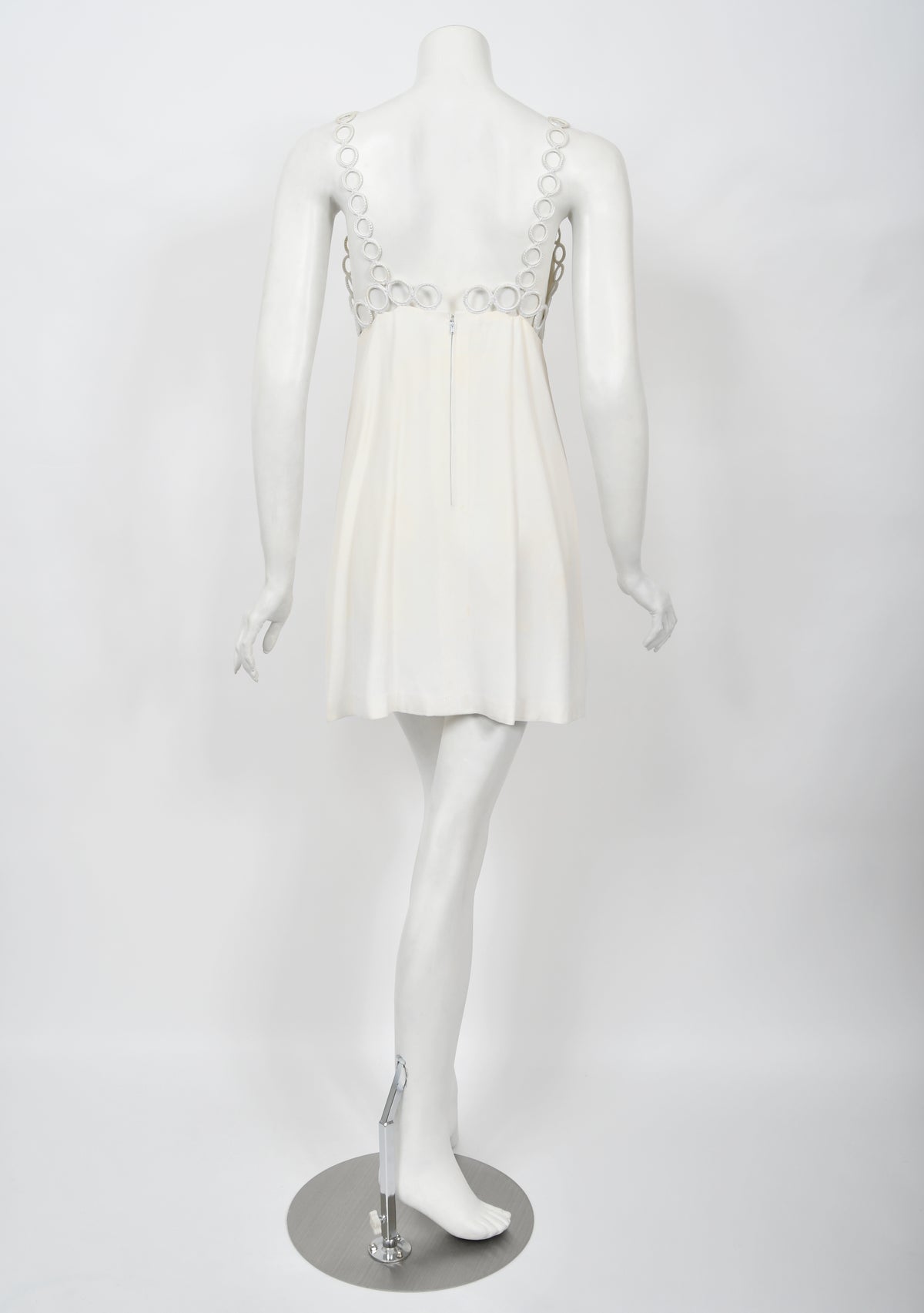 1968 Loris Azzaro Couture Documented Elle Magazine Ivory Silk Cut-Out Mini Dress