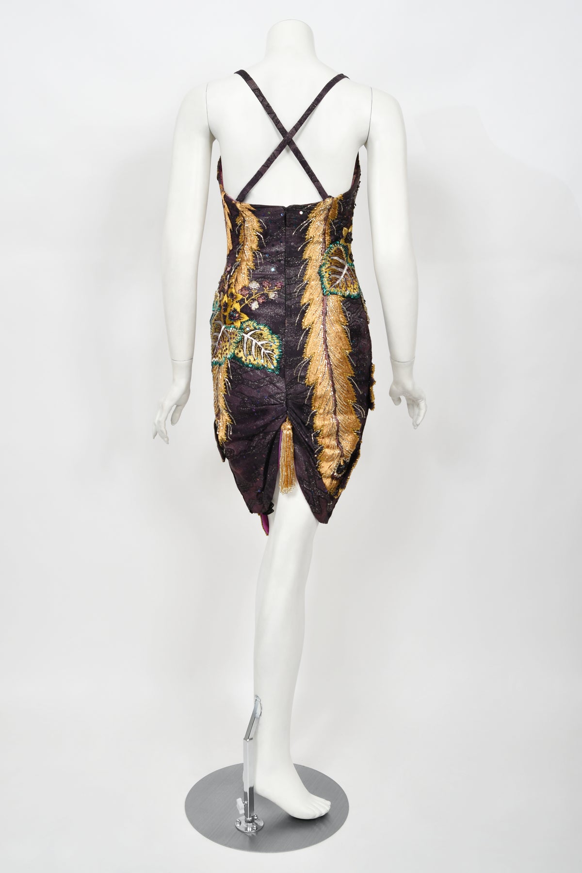 1970&#39;s Embroidered Peacock Motif Beaded Silk Couture Dance Dress