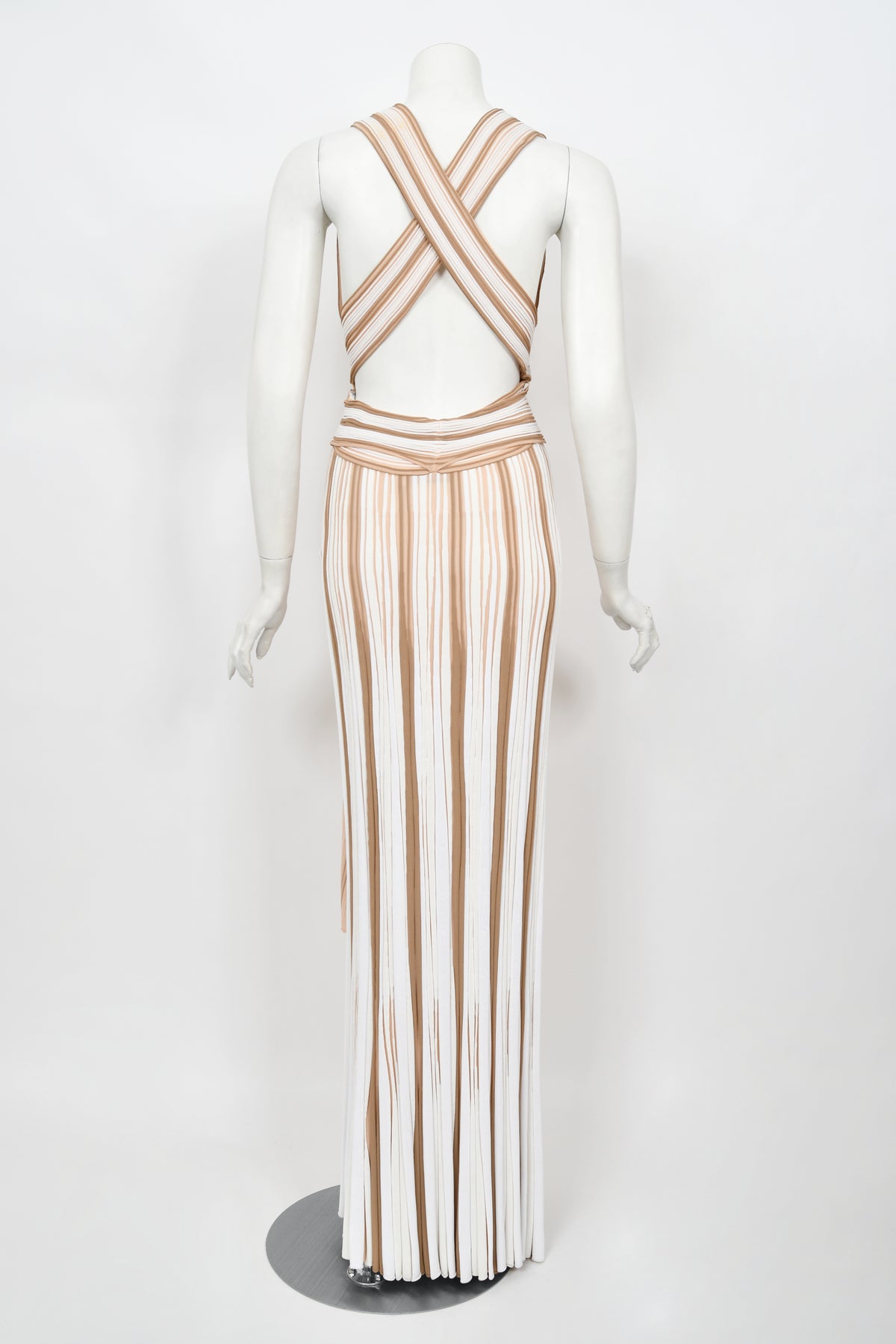 2002 Christian Dior by John Galliano Striped Stretch Knit Low-Plunge Gown
