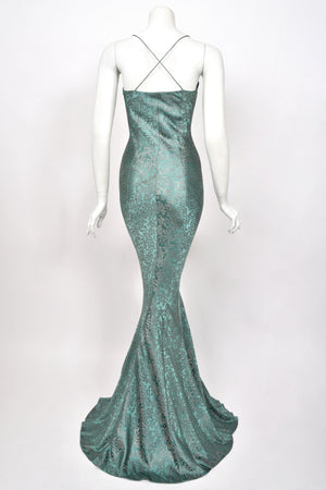 1999 Christian Dior by John Galliano Metallic Teal Blue Lamé Silk Bias-Cut Slip Gown