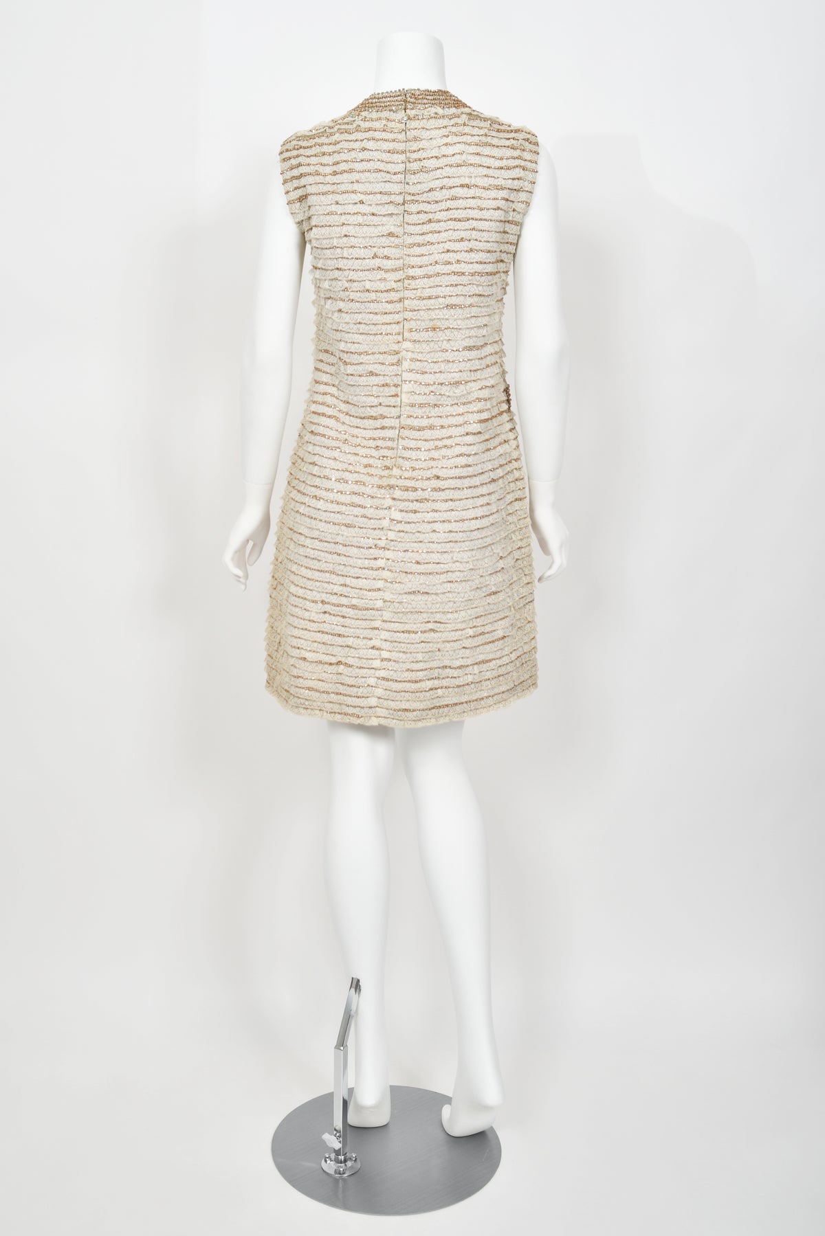 1965 Valentino Haute Couture Museum-Held Beaded Lamé Ivory Lace Mod Shift Dress