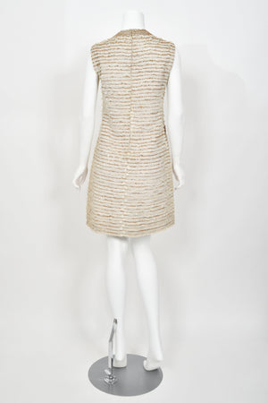 1965 Valentino Haute Couture Museum-Held Beaded Lamé Ivory Lace Mod Shift Dress