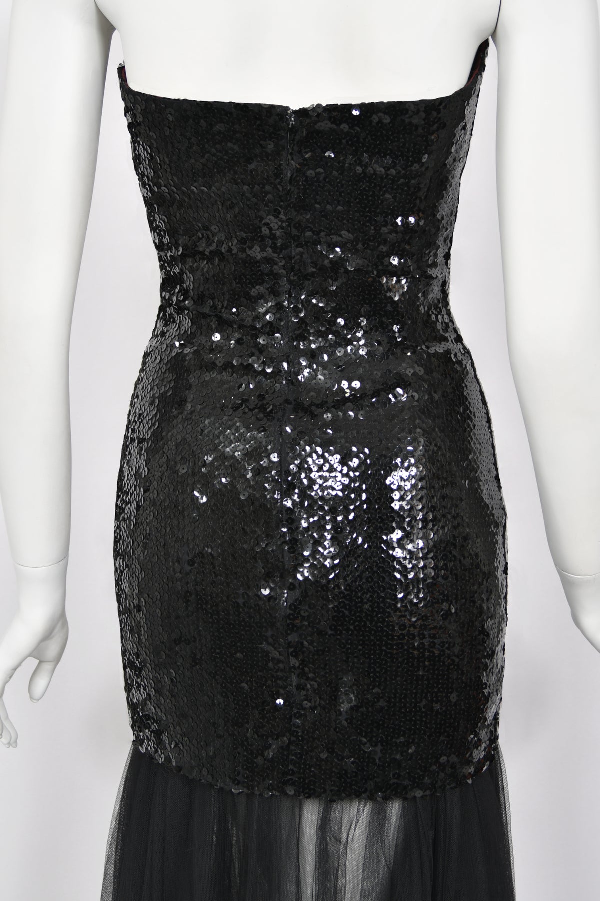1986 Thierry Mugler &#39;Hiver Russe&#39; Collection Black Sequin Bustier Sheer Gown