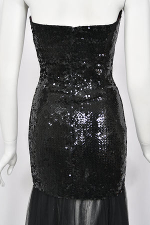 1986 Thierry Mugler 'Hiver Russe' Collection Black Sequin Bustier Sheer Gown